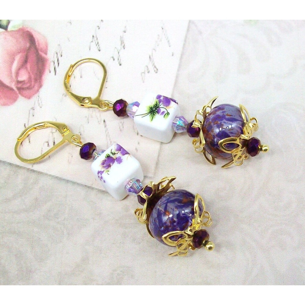 Lampwork Earrings Vintage Style. Bronze, Aubergine Purple, Artisan Crafted Jewel - Picture 8 of 10